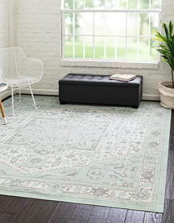 Unique Loom Whitney Collection Traditional Geometric Area Rug (8' 0 x 8' 0 Square, Mint) Mint Green Dining Room, Green Dining Room, Quaint Cottage, Storybook Cottage, Bed In Living Room, Square Rugs, Square Rug, A Fairy Tale, Unique Loom