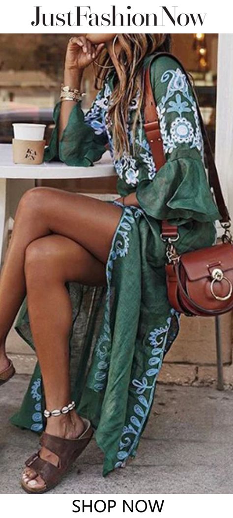 $45.99 V Neck Women Summer Dresses Daily Vintage Tribal Dresses Chic Spring Outfits, Estilo Hippie, Looks Style, Fashion Styles, Outfits Casuales, Latest Fashion For Women, Summer Dresses For Women, Look Fashion, Boho Style