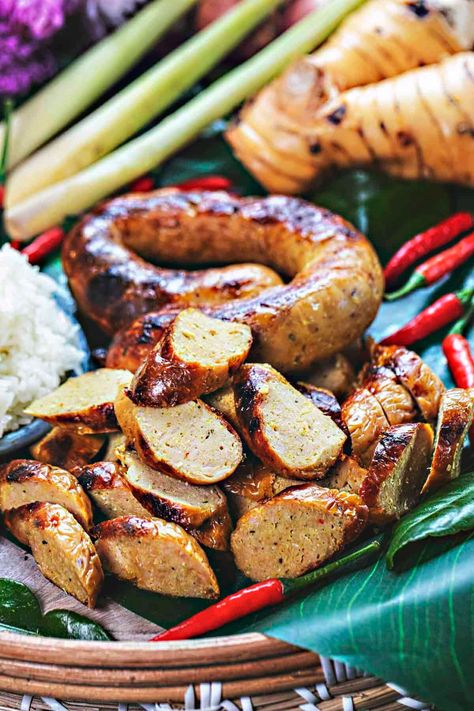 Sai Oua (Thai Northern Sausage) #saioua #thairecipe #sausage #porkcasing #driedchili #lemongrass #kaffirlimeleaf #galangal #tumeric #shallot #coriander #shrimppaste #pork #dinner #dinnerrecipe | Simply Suwanee Thai Sausage, Pork Satay, Thai Recipes Authentic, Kaffir Lime Leaves, Fresh Turmeric, Pork Dinner, Shrimp Paste, Red Curry Paste, Spicy Pork