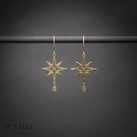 "You'll shine when you will wear this celestial dangle earrings. This dangle north stars with hanging zircon stone is perfect to wear at work, holidays, and even for a party. ★Comes in our signature gift box, ready for gift giving. ★ Available in Gold [ gold-filled ear wires & gold plated brass & zircon stone ] ★ Earring size (star+zircon) 1\"x0.80\". Thanks for shopping at ByYaeli♥ All images, texts & products are property of ByYaeli ©2020" Gold Star Earrings Dangle, Star Earrings Gold, Gold Star Earrings, Holiday Accessories, Gold Skull, Goth Jewelry, Zircon Jewelry, Fan Earrings, Earrings Inspiration