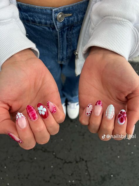 Almond Nails Fancy Designs, All Different Nail Designs, Summer Gel X Nail Designs, Multiple Design Nails, All Different Nails, Mismatched Nails Summer, Cute Nail Inspo Summer, Blooming Flower Nails, Summer Europe Nails