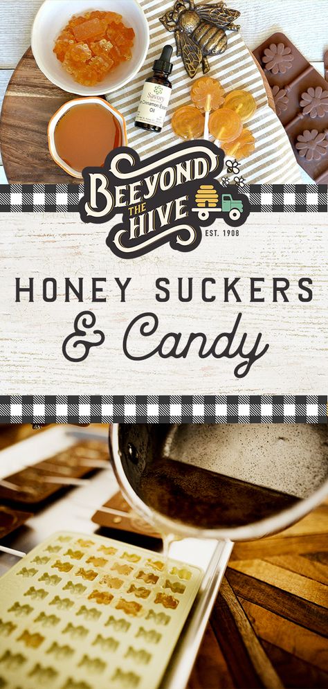 Cold or flu season? The best lollipop and loving the kids love while they are sick or anytime – honey suckers and honey candies.   Here is what you need: 1 Cup Sugar 2 Tablespoons Water 1/3 Cup Honey (Beeyond the Hive preferably!) Cinnamon Essential Oil (Or lemon would be great too) *Optional Sucker Sticks Candy or Sucker Molds *Optional Candy Thermometer Honey Stir Sticks Diy, Healthy Sucker Recipe, Honey Suckers Recipe, How To Make Honey Suckers, Honey Suckers Homemade, Honey Lollipops Recipes, Honey Sticks Diy, Honey Candy Recipe Simple, Honey Lollipops Diy