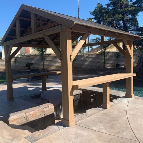 Eddie from Riverside California shared us his finished backyard complete with a Pavilion with 2 Bar Counters Poolside Pavilion, Gazebo Bar, Garden Lighting Design, Bar Counters, Diy Gazebo, Backyard Seating Area, Outside Bars, Grill Gazebo, Riverside California