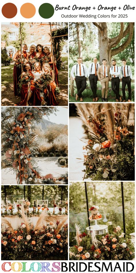 It states the top 8 outdoor wedding color palettes and trends for 2025 to help you create a beautiful and memorable celebration. From dark shades of rust, dark teal, burnt orange, yellow, moss green to soft and light pastels such as peach, light pink, sage green, etc to give you more inspirations. Dark And Light Wedding Colors, Burnt Orange Bridesmaid Dresses, Wedding Color Palette Summer, Wedding Color Palettes, White Bridal Gown, Wedding Color Ideas, Orange Bridesmaid Dresses, Wedding Color Trends, Wedding Aisle Decorations