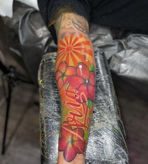 Colorful Sleeve Tattoos For Black Women, Colorful Flower Tattoo Black Women, Colorful Sleeve Tattoos For Women, Colorful Arm Tattoos For Women, Colorful Tattoos For Black Women, Exotic Flower Tattoos, Tattoo After Care, Colorful Sleeve Tattoos, Arm Sleeve Tattoos For Women