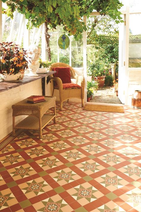 Blenheim is a popular existing pattern, shown here in Green, Red and Buff. Perfect for conservatories, this is a great way of inviting the outside in. This pattern will make a statement in hallways, living rooms, bathrooms, kitchens - wherever it is used! New colours, patterns and shapes means our geometric Victorian style floor tiles look great in traditional and contemporary homes. originalstyle.com Tiles Living Room, Victorian Tile, Victorian Floor Tiles, Victorian Floor, Tiled Hallway, Red Floor, Victorian Tiles, Red Tiles, Patterned Floor Tiles