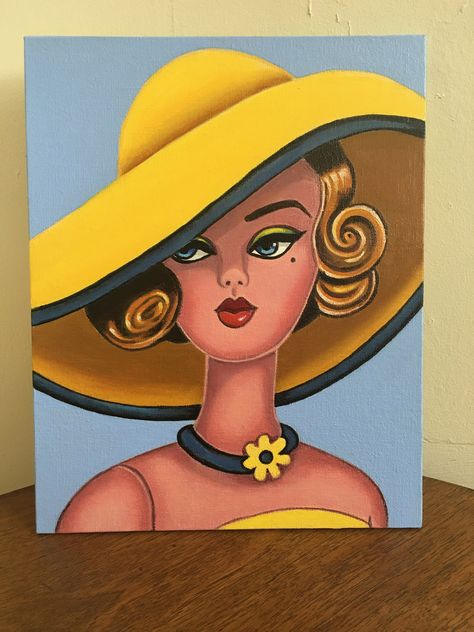 Barbie Paintings, Barbie Painting, Barbie Art, Yellow Hat, Barbie Doll, Art Original, Oil Paintings, Original Oil Painting, Original Oil