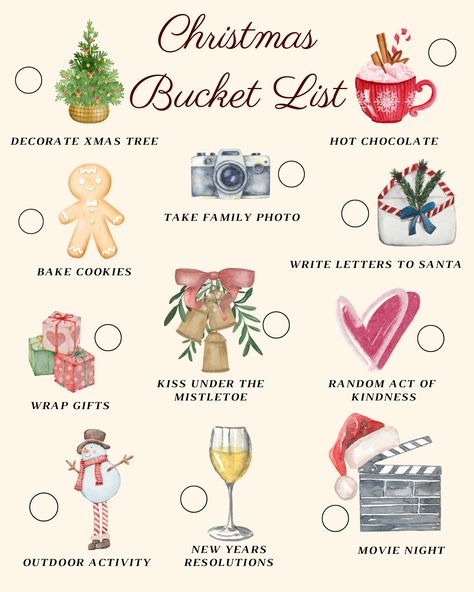 Christmas Bucketlist Ideas, Christmas Checklist Things To Do, Bucket Checklist, Winter To Do List, New Year Bucket List, Christmas Bucket List Printable, Christmas Tree Decorations Themes, Winter Checklist, Christmas Tree Designs