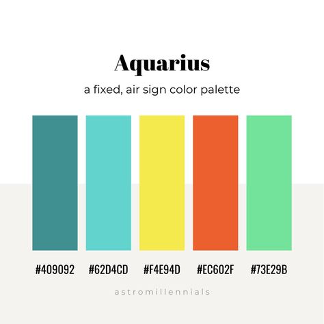 By astr0kara Millennial Color Palette, Zodiac Sign Colors Palette, Zodiac Signs Colors, Aquarius Aesthetic, Bullet Journal Month, Zodiac Signs Chart, Best Zodiac Sign, Aquarius Woman, Air Signs