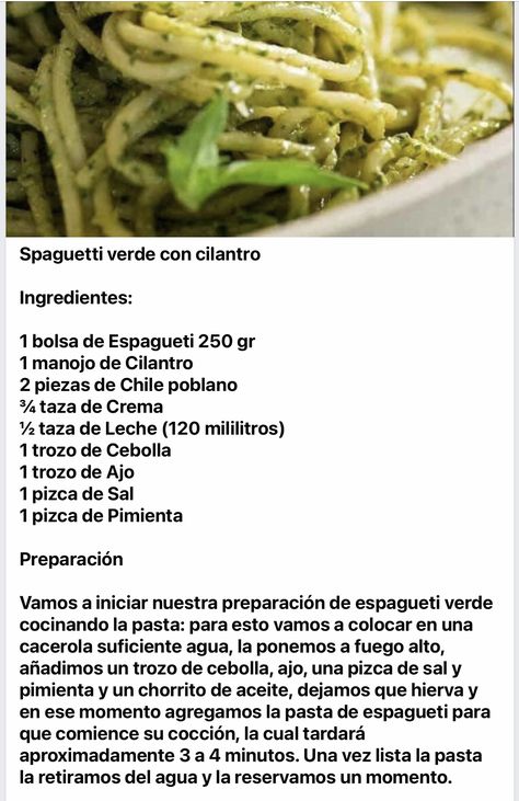 Green Espagueti, Pasta Verde Chile Poblano, Green Spaghetti Recipe Mexican, Green Spaghetti Recipe, Ramen Recipes Easy, Chilean Recipes, Green Spaghetti, Homemade Cookbook, America Food