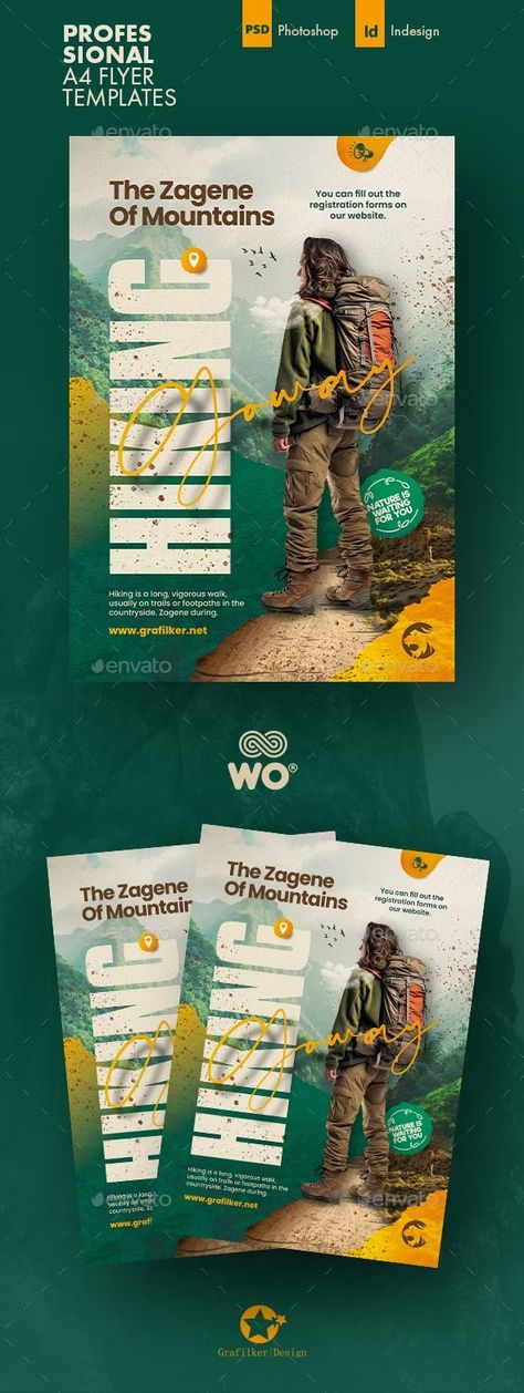 Hiking Flyer Templates, Print Templates | GraphicRiver Coffee Poster Design, Ads Creative Advertising Ideas, Logo Presentation, Travel Guide Book, Halloween Flyer, Halloween Fonts, Parasailing, Digital Assets, Event Flyer