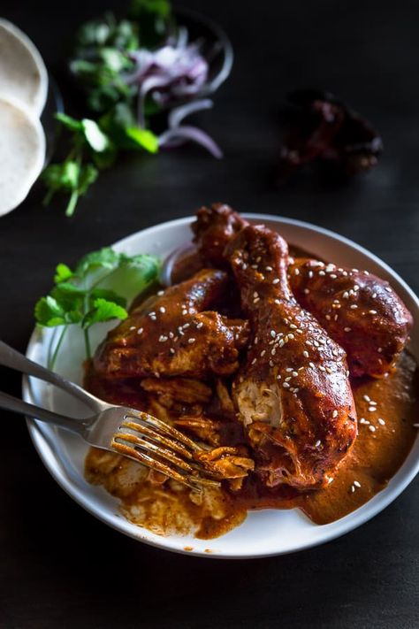 Simple Mexican Chicken Mole Recipe with Dark Chocolate - A rich, aromatic sauce with indulgent dark chocolate and exotic spices, paired with slow-cooked chicken and tortillas. This recipe can be made in advance or frozen for when you need it most! | wandercooks.com #mexicanmole #mexicanchickenmole #mexicanchocolatechicken #mexicanchicken #chickenmole Chocolate Chicken Recipes, Chicken And Tortillas, Mexican Chicken Mole, Chicken Mole Recipe, Chocolate Chicken, Mexican Mole, Mole Recipe, Mexican Stuff, Dark Food