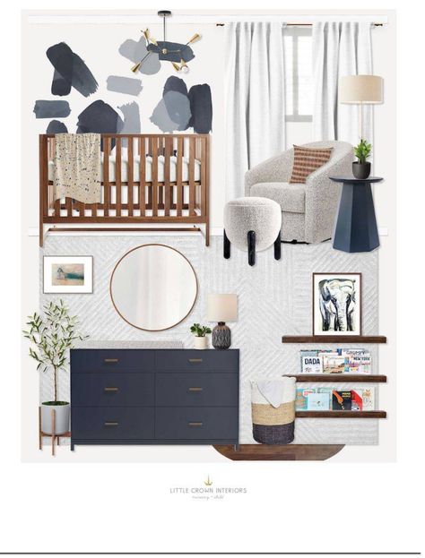 Nursery With Navy Accents, Nursery Walnut Crib, Navy Accent Nursery, Nursery With Blue Crib, Nursery With Dark Wood Crib, Nursery With Walnut Crib, Navy Grey Nursery, Grey And Natural Wood Nursery, Dark Grey Crib Nursery