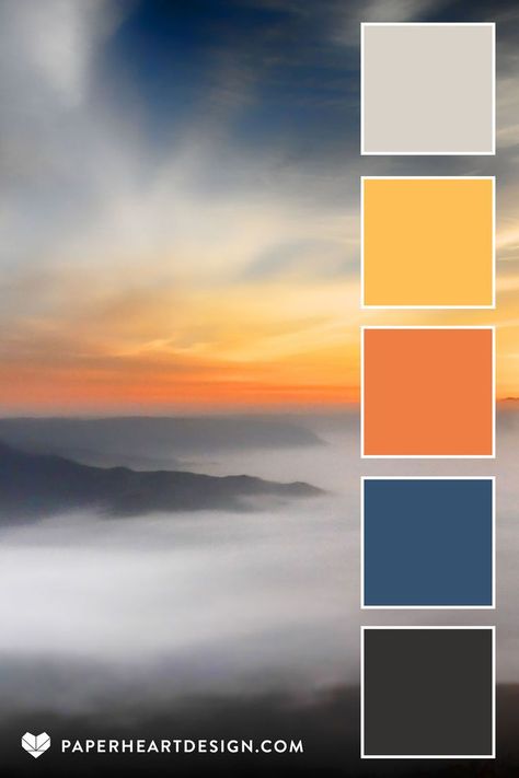 Photo of beautiful foggy sunrise with color palette overlay for design inspiration showing shades of gray, blue, orange, and yellow. Sunrise Color Palette, Color Interior Design, Fog Landscape, Color Palets, Foggy Sunrise, School Festival, Orange Palette, Sunrise Colors, Church Office