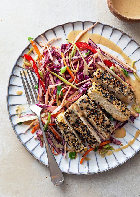 Sesame Crusted Tofu   Ginger Slaw Sesame Crusted Tofu, Ginger Slaw, Crusted Tofu, Leftover Veggies, Eat More Plants, Sesame Tofu, Chinese Spices, Vegan Beans, Extra Firm Tofu