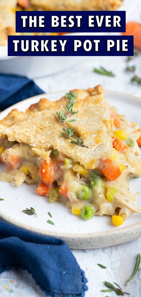 The best way to use Thanksgiving leftovers is in this Turkey Pot Pie recipe! Homemade pie crust is filled with shredded turkey, vegetables, and a creamy sauce for a healthy and comforting meal. It is also easy to make this dish gluten-free and dairy-free, perfect for after the holidays! Chicken Pie Crust, Leftover Turkey Pot Pie Recipe, Chicken Pot Pie From Scratch, Easy Homemade Chicken Pot Pie, Chicken Mixed Vegetables, Dinner Party Main Dish, Homemade Chicken Pot Pie Recipe, Leftover Turkey Pot Pie, Party Main Dish