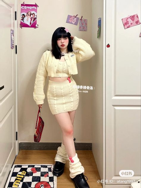 Douyin Plus Size, K Fashion Plus Size, Mid Size Coquette, Dollcore Outfits, Chubby Girl Outfits, Dress For Chubby, Fashion Kawaii, Girl Fashion Style, Pastel Fashion