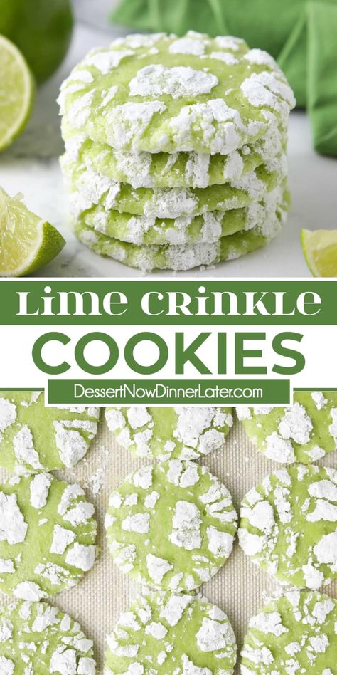 Soft-baked Lime Crinkle Cookies are flavored with real lime zest and juice. The powdered sugar cracks as it bakes revealing the tangy and moist lime cookies underneath. Lime Baked Goods, Key Lime Cookies Easy, What To Do With Extra Limes, Recipes Using Fresh Limes, What To Make With Limes, Key Lime Cookies Recipe, Recipes Using Limes, Lime Cookies Recipes, Lime Deserts