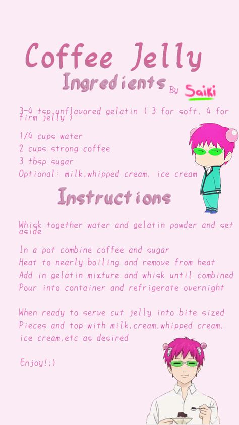 Coffee Jelly Saiki Recipe, Saiki K Coffee Jelly Recipe, How To Make Coffee Jelly, Saiki K Coffee Jelly, Voice Description, Coffee Jelly Recipe, Anime Recipes, Homemade Recipe Books, Iced Drinks Recipes