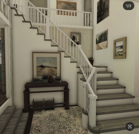 One Floor Houses Bloxburg, Bloxburg Small Home Exterior, Bloxburg House Ideas Exterior Cottage Core, Bloxburg Stair Case Ideas, Bloxburg Family Home Interior, Bloxburg House Inspo Realistic, Bloxburg House Ideas Stairs, Egwynox Profile, Bloxburg House Stairs