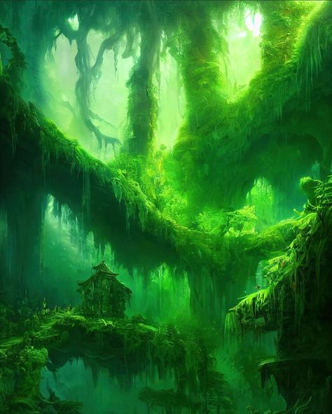 Rain Forest Fantasy Art, Rainforest Fantasy Art, Green Dragon Wallpaper, Green Fantasy Art, Rainforest Drawing, Fantasy Rainforest, Rainforest Background, Rainforest Art, Forest Scenery