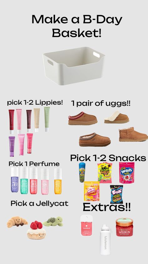 Make a B-Day Basket!! #preppy #bdaybasket #fyp Easy Birthday Gifts, Girl Gift Baskets, Birthday Basket, Cute Gifts For Friends, Diy Birthday Gifts For Friends, Birthday Gifts For Teens, Happy Birthday Gifts, Create Outfits