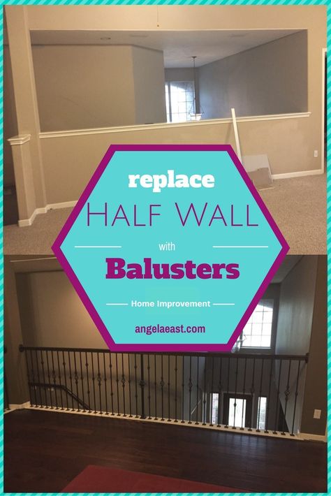 Replacing Half Wall with Wrought Iron Balusters | Home Improvement | Home Decor | Home Renovation | Home DIY Replace Banister, Half Wall Staircase, Half Wall Ideas, Pony Wall, Wall Railing, Half Walls, Staircase Wall, Iron Balusters, Stair Railing