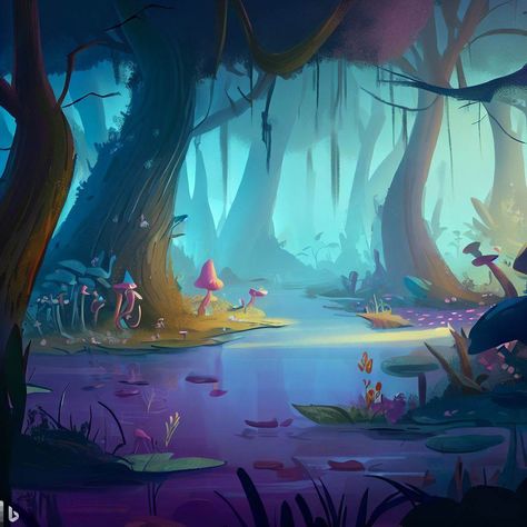 Cartoon Swamp Background, Swamp Background Art, Swamp Mushrooms, Waterfall Concept Art, Swamp Concept Art, Swamp Drawing, Swamp Cartoon, Swamp Illustration, Fantasy Swamp