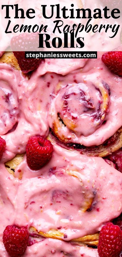 These lemon raspberry rolls are the perfect brunch treat for spring or summer. They have lemon dough, lemon and raspberry filling, with a lemon raspberry cream cheese glaze on top. Raspberry Lemon Cinnamon Rolls, Cinnamon Rolls Raspberry, Summer Cinnamon Rolls, Raspberry Buns Recipe, Raspberry Lemon Sweet Rolls, Raspberry Lemon Desserts, Spring Baked Goods, Raspberry Sourdough, Spring Breakfast Recipes