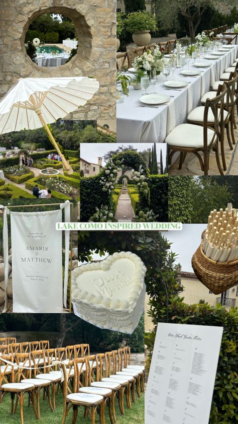 Wedding day mood board | Italy inspired wedding | wedding day welcome sign | wedding day cake | white heart shaped wedding day cake | just married cake | umbrella ceremony | ceremony bows | ceremony chairs | seating chart | garden wedding | lake como | Italy | wedding day | all white wedding florals | White Wedding Umbrella, Italian Civil Wedding, Italian Garden Theme Wedding, Italy Wedding Seating Chart, European Garden Wedding Aesthetic, Garden Wedding Mood Board, Summer 2025 Wedding, Lake Como Wedding Aesthetic, Bridal Shower Venue Ideas