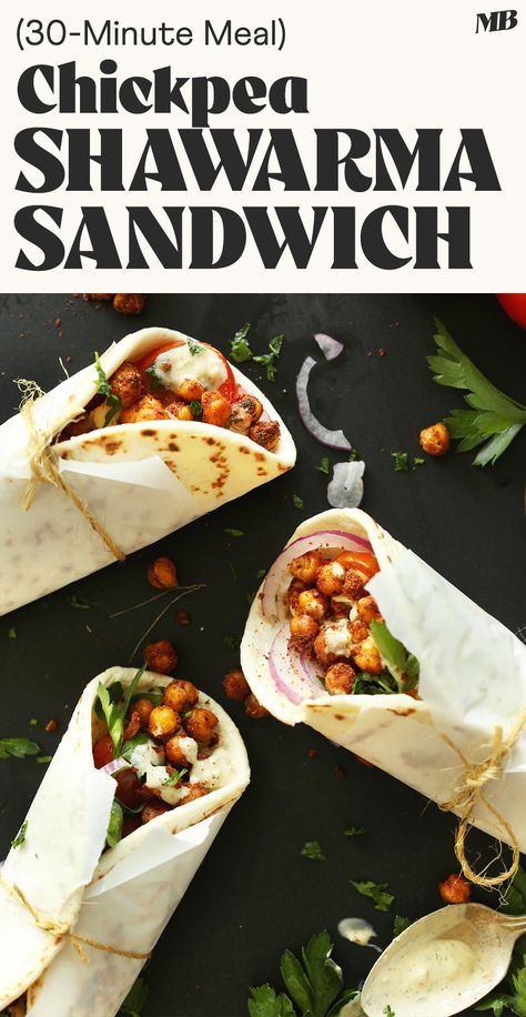 Amazing, 30-minute Chickpea Shawarma Sandwich with spicy baked chickpeas, a creamy Garlic Dill sauce, and lots of fresh vegetables. A healthy, quick, and satisfying plant-based meal! Garlic Dill Sauce, Chickpea Shawarma, Shawarma Sandwich, Baked Chickpeas, Plant Based Diet Recipes, Minimalist Baker, Dill Sauce, Creamy Garlic, 30 Minute Meals