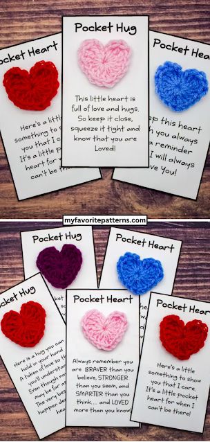 Free Crochet Pocket Hug Pattern Pattern Crochet Heart Valentine Card, Easy Valentines Crochet Patterns, Small And Easy Crochet Ideas, Pocket Hug Free Printable, Pocket Hug Card Printable Free, Crochet Pocket Hug Heart, Pocket Hearts Poem Printable, Quick Valentines Crochet, Crochet Pocket Hug Free Pattern