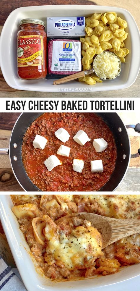 Easy Cheesy Baked Tortellini (With Meat Sauce) - Instrupix Easy Cheesy Baked Tortellini, Tortellini With Meat Sauce, Cheesy Baked Tortellini, Baked Tortellini Casserole, Tortellini Casserole, Baked Tortellini, Tortellini Bake, Dinner With Ground Beef, Easy Cheesy