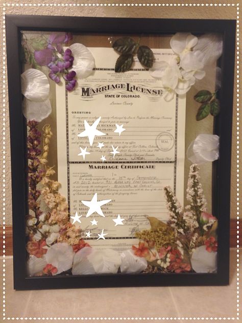 Let your marriage license standout instead of blending into the wall! I'll turn your cornerstone into a beautiful work of art! Marriage License Display Ideas, Marriage License Display, Wedding License, Wedding Shadow Box, Display Frames, Wedding Mementos, Easy Arts And Crafts, Marriage License, Dear Future Husband