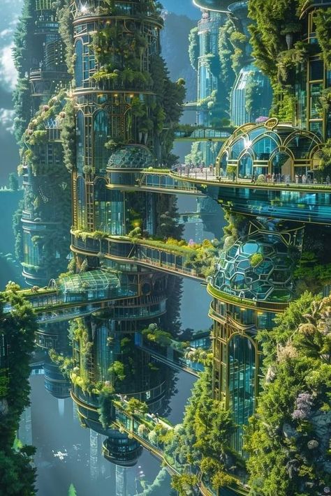 Solarpunk Lunarpunk, Cities Concept Art, Futuristic Landscape, Futuristic Cities, Sci Fi Landscape, Fantasy City, Fantasy Setting, Fantasy Places, Futuristic City