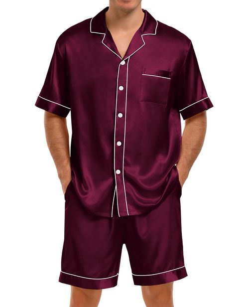 PRICES MAY VARY. 【Ultra Soft Satin Material】SWOMOG Men's Pajama Set is made of satin fabric( 95% polyester, 5% spandex). This satin silk pajama set is fashionable, silky, soft, skin-friendly, and breathable. It can provide you and your family with a high-quality sleeping experience and live a beautiful summer time. 【Comfortable Button-Down Top】The classic men's short-sleeved pajamas use the unique design style of a notch collar and exquisite double piping. The full-button top is easy to put on a Double Piping, Mens Silk Pajamas, Pjs Set, Satin Pajama Set, Silk Pajama, Satin Pajama, Mens Pajamas Set, Silk Pajama Set, Elastic Belt