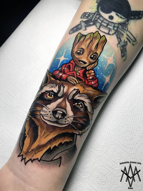 Baby Groot Tattoo, Groot Tattoo, Groot Baby, Rocket Groot, Nerd Tattoo, Marvel Tattoos, Tattoo Arm, Baby Groot, Star Lord