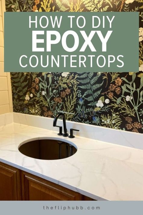 Today I want to show you how to DIY epoxy countertops in order to get the look and finish you desire. You can use a DIY Epoxy kit for kitchen countertops, bathroom countertops, and more. You can also learn how to DIY epoxy so that you get a faux marble look. You can even use epoxy on granite countertops, laminate countertops, and more. Here is the state of my DIY epoxy countertops featured in our bathroom Epoxy Countertops Diy, Faux Marble Countertops, Painted Granite Countertops, Painting Bathroom Countertops, Bathroom Countertops Diy, Countertop Remodel, Faux Marble Countertop, Easy Diy Home Projects, Epoxy Countertops