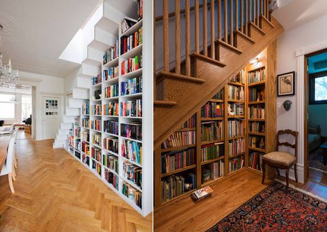 15 Clever Under Stairs Design Ideas to Maximize Interior Space Door Under Stairs, Shelves Under Stairs, Stair Bookshelf, Staircase Shelves, Room Under Stairs, Space Under Stairs, Closet Under Stairs, Stair Shelves, Bathroom Under Stairs