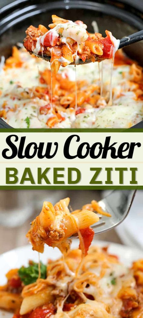 This SLOW COOKER BAKED ZITI is an easy crockpot recipe that packs all the flavour! With tender noodles coated in a ground beef marinara and mixed with a melty cheese goodness, it's the ideal weeknight meal. #zitirecipes #slowcookerrecipes #bakedziti #slowcooker #ziti Slow Cooker Baked Ziti, Slow Cooker Baking, Vegetarian Crockpot Recipes, Ziti Recipes, Baked Ziti Recipe, Keto Crockpot Recipes, Crockpot Recipe, Crockpot Recipes Beef, Melty Cheese