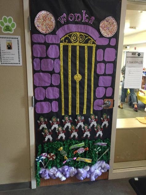 Wonka door inspired for Halloween, love the Oompa Loompa Charlie And The Chocolate Factory Door Decoration, Willy Wonka Classroom Door, Willy Wonka Door Decorations, Teacher Appreciation Week Door, Charlie Chocolate Factory, Wonka Party, Willy Wonka Party, Prek Ideas, Pta Ideas