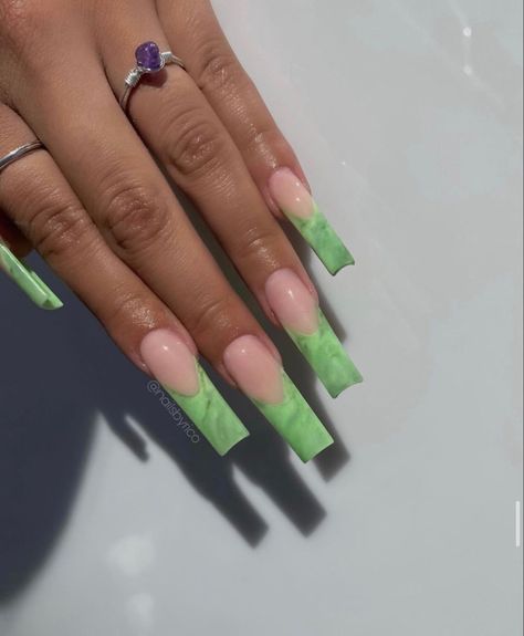 Marble French Tip Acrylic Nails, Green Marble French Tip, Green Nails French Tip, Green Nails French, Nails Light Green, Marble French Tip, Jade Nails, Nails French Tip, French Tip Nail Designs