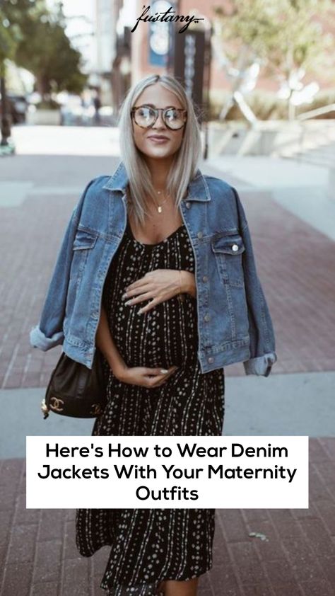 Maternity Outfits Jean Jacket, How To Wear Denim Jacket, Maternity Jacket, Jean Jacket Outfits, Denim Jacket Fashion, Dress With Jean Jacket, Denim Jacket With Dress, Maternity Outfits, Black Print Dress