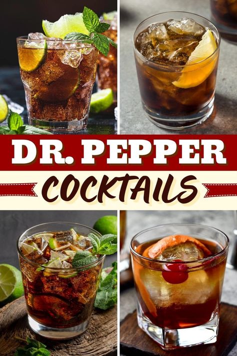 Perfect for parties, get-togethers, or a relaxing night at home, these easy Dr. Pepper cocktails are much more complex than a simple rum and coke. Dr Pepper Liquor Drinks, Whiskey And Dr Pepper, Dr Pepper And Fireball, Amaretto And Dr Pepper, Dr Pepper And Pickles, Mixed Drinks With Dr Pepper, Ex Inspired Drinks, Cocktails With Dr Pepper, Alcoholic Drinks With Dr Pepper