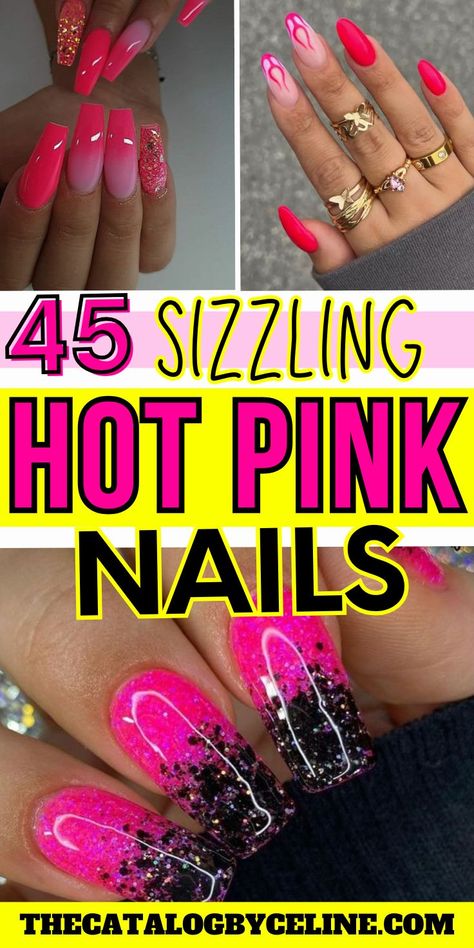 45 Sizzling Hot Pink Nails That Are Straight-Up Fire! Pink Nails 2024 | Valentines Nails | Nail Art Purple Chrome Nails With Rhinestones, Pink Nail Designs Almond Shape Glitter, Hot Pink With Black Nails, Fun Hot Pink Nails, White Nails With Pink Accent, Hot Pink And Silver Glitter Nails, Pink And Purple Glitter Nails, Hot Pink Manicure Ideas, Hot Pink And Gold Nails Design