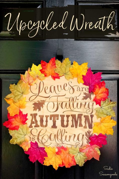 The lid of a wooden cheese box is ideal for upcycling and has the rustic look that is perfect for a fall door wreath! Even better? Faking the look of a wood burned sign without ANY wood burning involved. Such a super easy fall craft with a big "WOW!" factor. #fallwreath #fallwreathideas #fallwreaths #falldecor #fallporch #DIYfalldecor #fallfrontporch #autumnwreath #fallcraftideas #fallcrafts #autumndecor Recycling Projects, Fall Door Wreath, Wood Burned Signs, Autumn Leaf Color, Thrift Store Decor, Cheese Box, Easy Fall Crafts, Autumn Recipes, Door Wreaths Fall