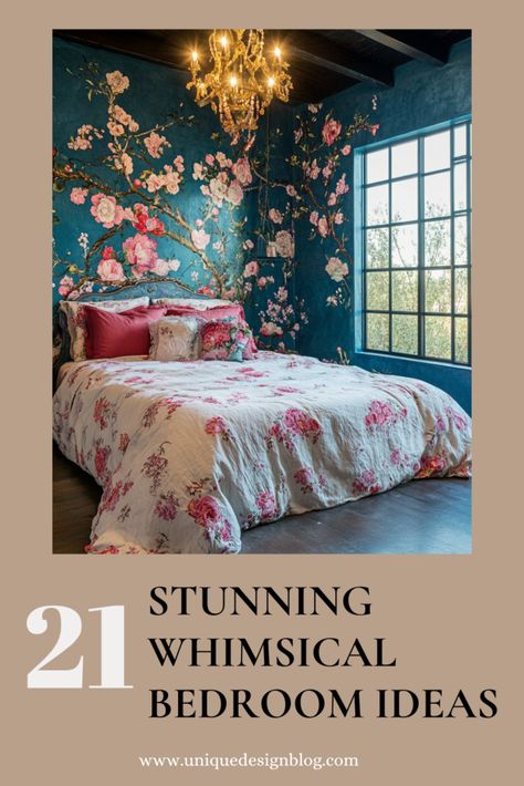 27 Whimsical Bedroom Ideas to Spark Your Imagination Master Bedrooms Mural, Bright Floral Wallpaper Bedroom, Colorful Guest Room Ideas, Bright Whimsical Bedroom, Anthro Inspired Bedroom, Butterfly Bedroom Ideas For Adults, Whimsical Bedroom Adult Cozy, Feminine Master Bedrooms Decor, Fairytale Bedroom Ideas