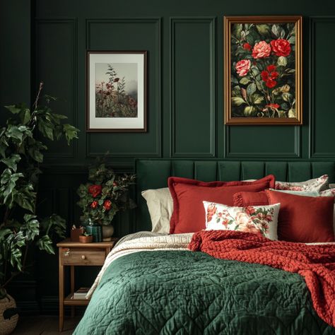 dark green bedroom Dark Green Board And Batten Wall Bedroom, Dark Green And Red Bedroom, Jewel Tones Room, Emerald Green Sherwin Williams, Rockwood Sash Green Sherwin Williams, Dark Green Half Wall, Dark Green And Wood Bedroom, Dark Green Vintage Bedroom, Green And Red Room