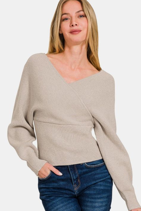 Zenana Cross Wrap Rib Long Sleeve Sweater Southern Soul Collectives Arch Angel, Stylish Sweaters, Wrap Sweater, Viscose Fabric, Ribbed Sweater, Basic Style, Denim Top, Sleeve Sweater, Stretchy Material