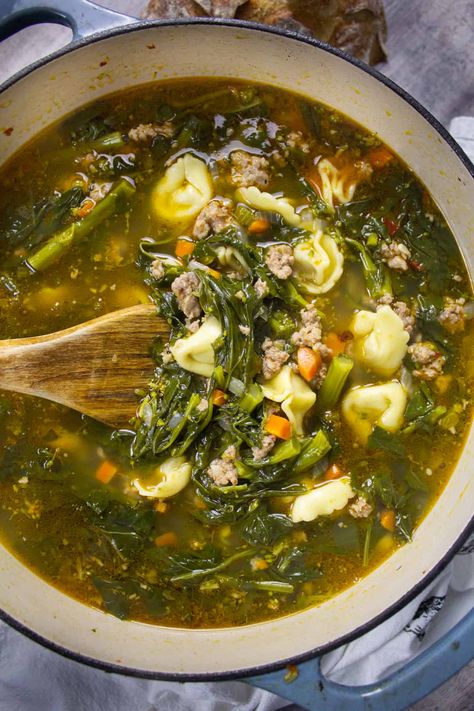 Broccoli Rabe and Tortellini Soup - always from scratch Sausage Parmesan, Sausage Tortellini Soup, Parmesan Soup, Parmesan Broccoli, Sausage Tortellini, Broccoli Rabe, Wedding Soup, Hot Italian Sausage, Italian Soup